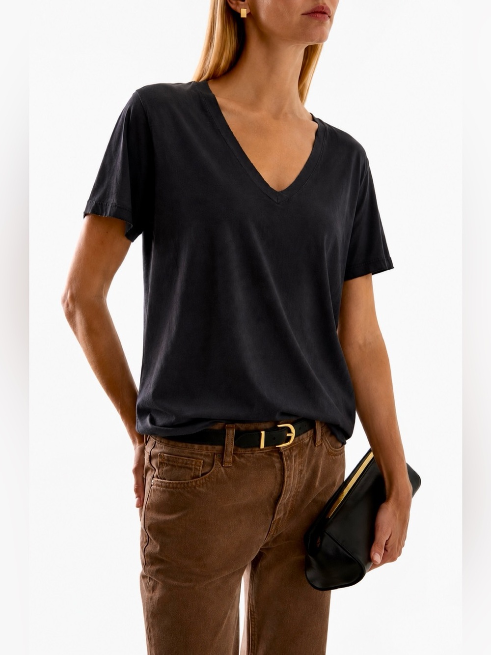 NWOT AMO V-Neck Tee in Black 100% Cotton Distressed Raw Hem | Size Medium